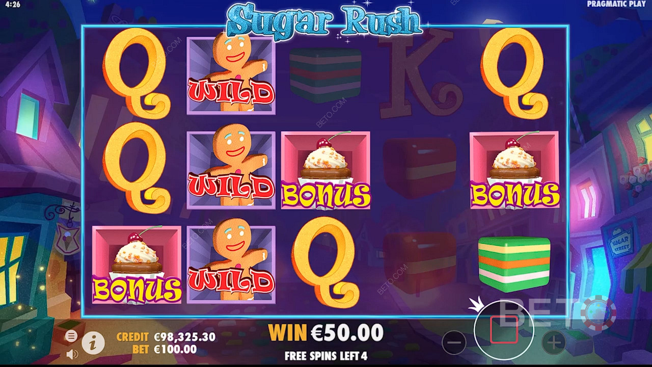 Mainkan Sugar Rush dan dapatkan 3 atau lebih simbol Cupcake akan memicu Game Bonus