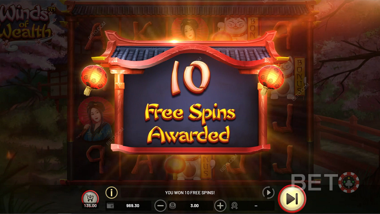 Menangkan 10 hingga 25 Spin Gratis di mesin slot Winds of Wealth