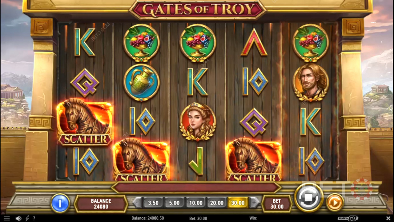 3 atau lebih Scatter akan memberikan Putaran Gratis di game kasino Gates of Troy