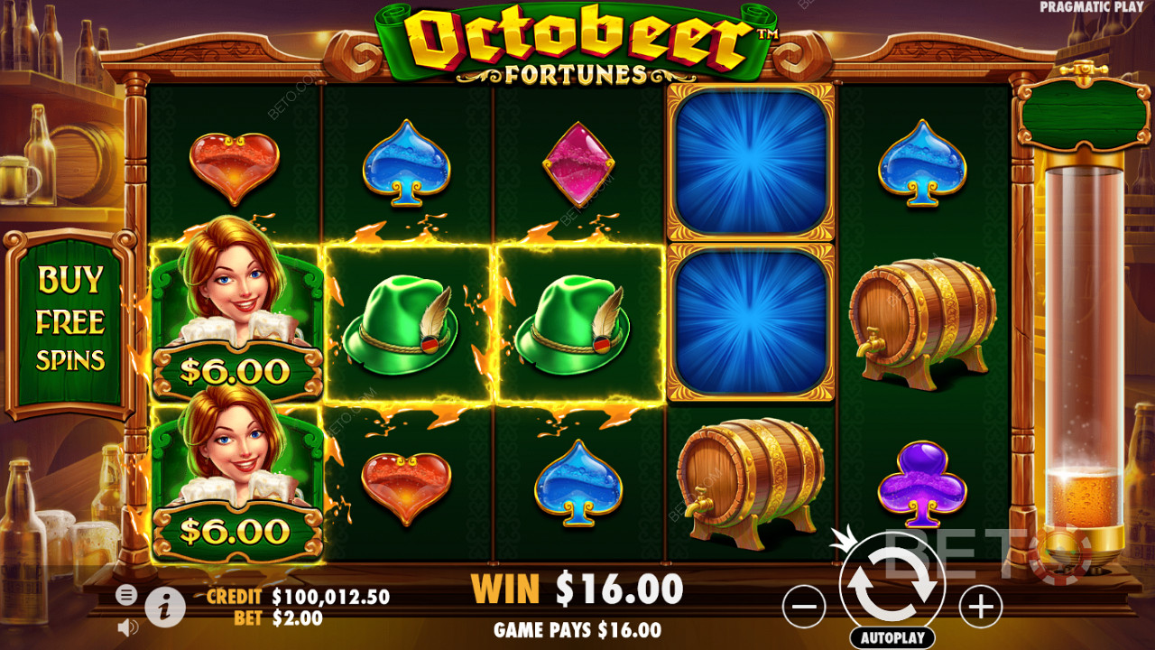 Simbol uang sering mendarat bahkan di permainan dasar di slot Octobeer Fortunes