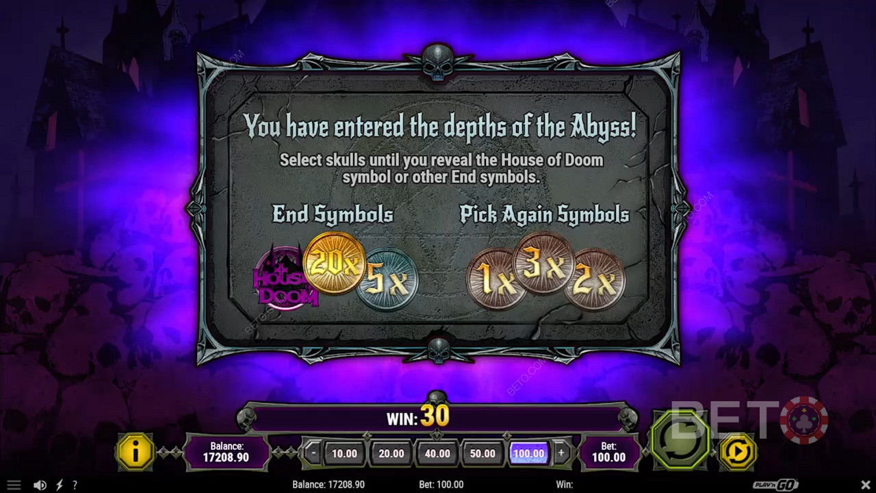 Buka game bonus Skulls of Abyss untuk membuka potensi kemenangan terbaik dengan Pengali