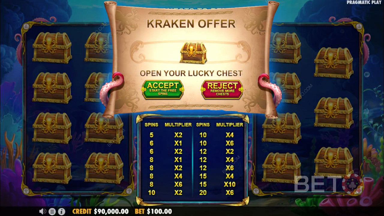 Terima tawaran atau coba keberuntungan Anda dalam permainan mini di slot online Release the Kraken 2