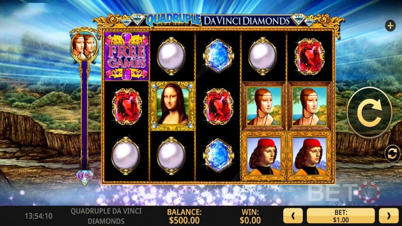 Gameplay dari slot online Quadruple Da Vinci Diamonds