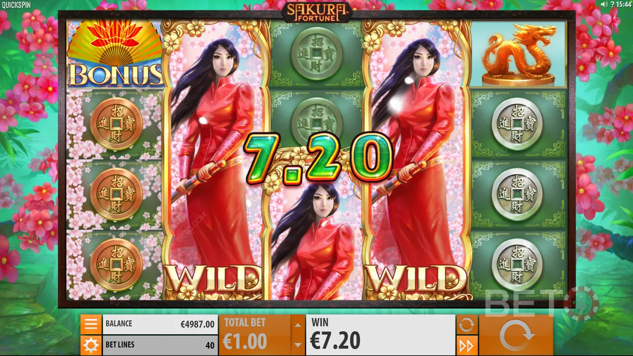 Gameplay dari slot video Sakura Fortune